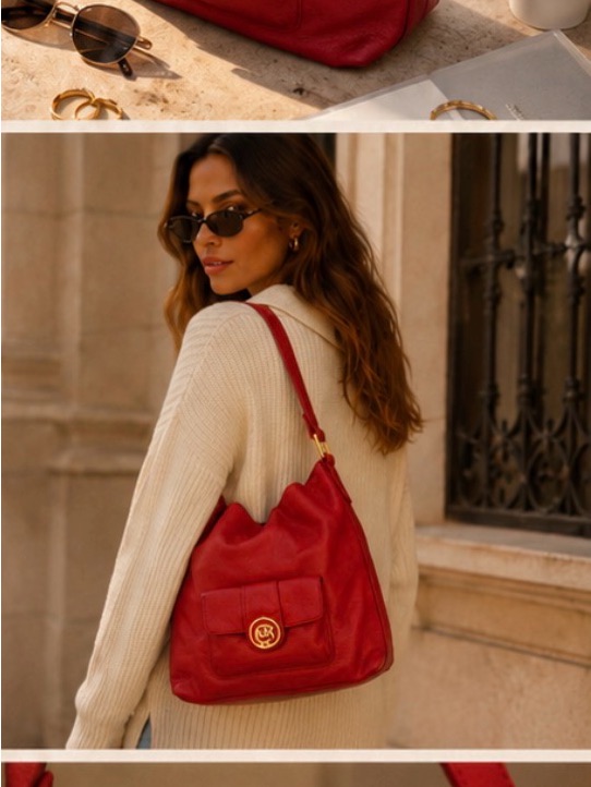 Michael Kors Red Leather Hobo With Gold Logo Accent